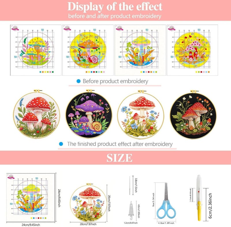 Zhenqing 4 Mushroom Cross Stitch Kit for Beginners, 11CT Printed White Cotton Fabric 24x24cm with Hoop, Fantasy Forest Embroidery Set（69036） - Image 2